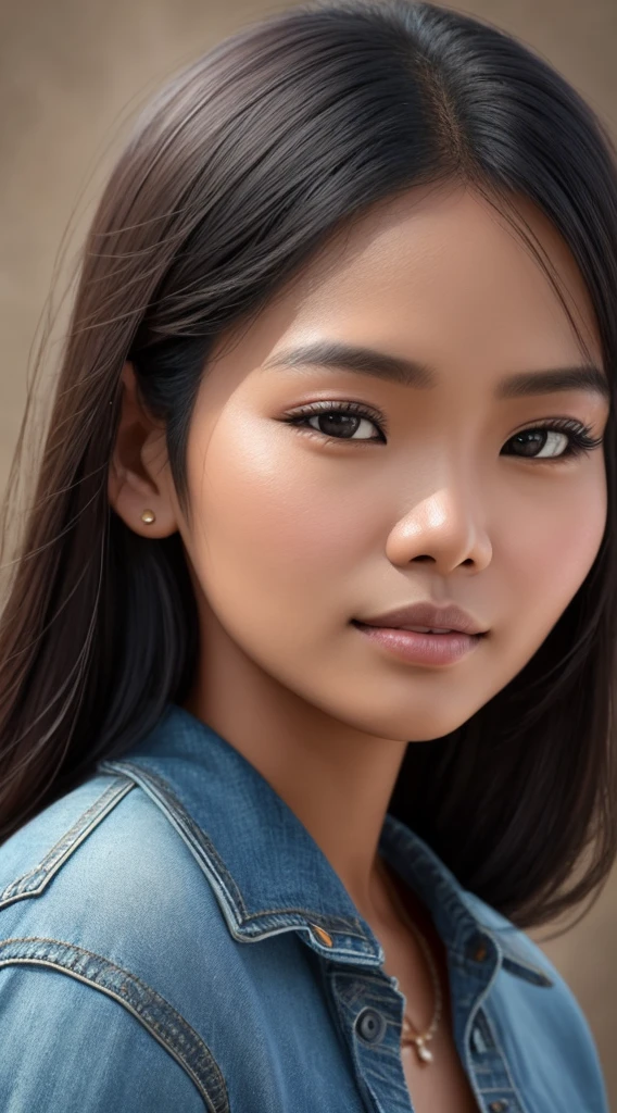 Create a close-up 4K realistic photo of a beautiful Indonesian woman wearing a denim shirt. She should have a warm and inviting expression, capturing the details of her features and the texture of the denim fabric. The background should be softly blurred to keep the focus on her face and attire.