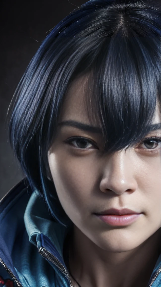 (masterpiece,detailed,highres:1.4) , model shot, close up, detailed face, fine detailed eyes,, (kirishima touka),blue middle hair,ghoul eye,retro jacket,Tokyo Ghoul,retrofuturism background, vibrant colours, hdr,, ,