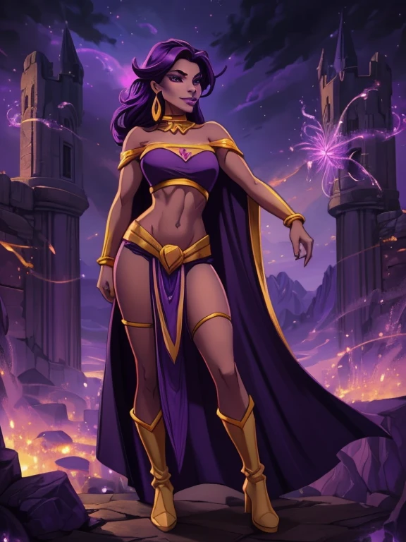 Fantasy style, Fantasy environment, A beautiful young sorceress (1 girl), dark-skinned female, with long purple flowing hair, purple eyes, purple iris, mascaras purple eyeshadow, smile, purple lipstick, medium breasts, ((Wearing: golden ringed earrings, purple cape, purple strapless top, purple loincloth, golden armlets, golden boots)), looking mature and alluring at 28 years old, (detailed eyes, detailed lips, extremely detailed face), both hands glowing bright purple, purple magic, bright purple sparks in both hands, intricate detailed portrait, photo realistic, 8k, highly detailed, cinematic lighting, warm color palette, castle ruins background, detailed foliage, golden hour lighting, dramatic lighting, dramatic pose, sensual, alluring, captivating gaze, masterpiece, (Night time, ethereal and magical atmosphere, outdoors, dark clouds in the sky, purple lighting, purple and magenta aroura's in the surroundings, gorgeous view of the mountains)
