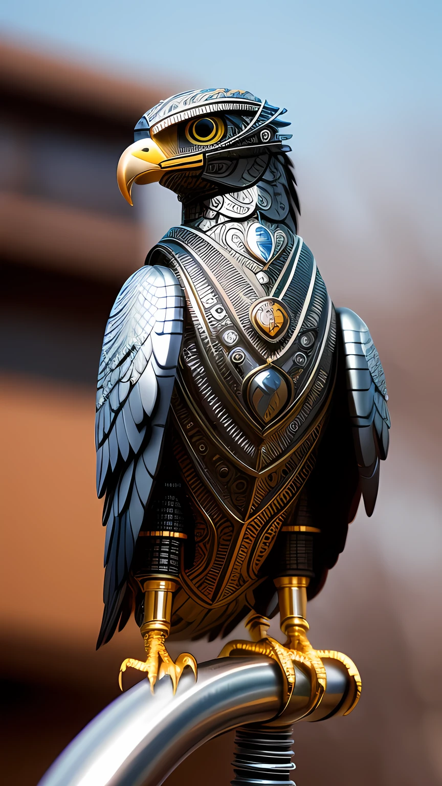 a cute eagle made out of metal, (cyborg:1.1), ([tail | detailed wire]:1.3), (intricate details), hdr, (intricate details, hyperdetailed:1.2), cinematic shot, Vignette, centered