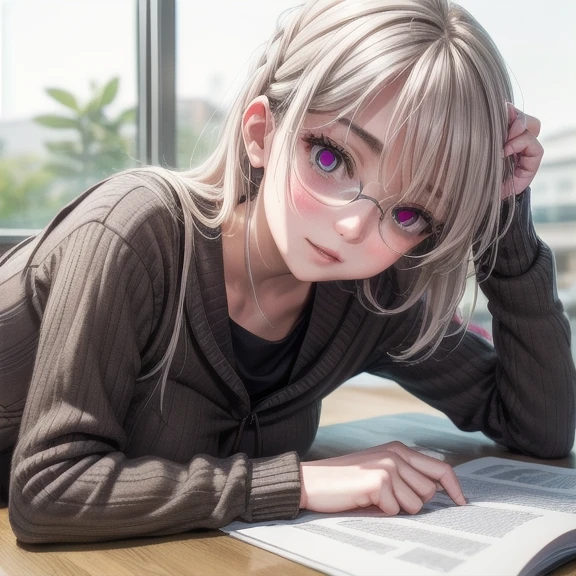 (Tabletop:1.0), (highest quality:1.4), (High resolution:1.2), From the side,Sharp contours, boyish, highest quality, masterpiece,Glasses,Voice of the Heart,20-year-old woman,yandere,Big Breasts,Chest to chest,Lying face down,Upper Body,Ecstasy,saliva,blush,Squint your eyes,Heterochromia iridis,Tuck up your clothes,lure, white hair