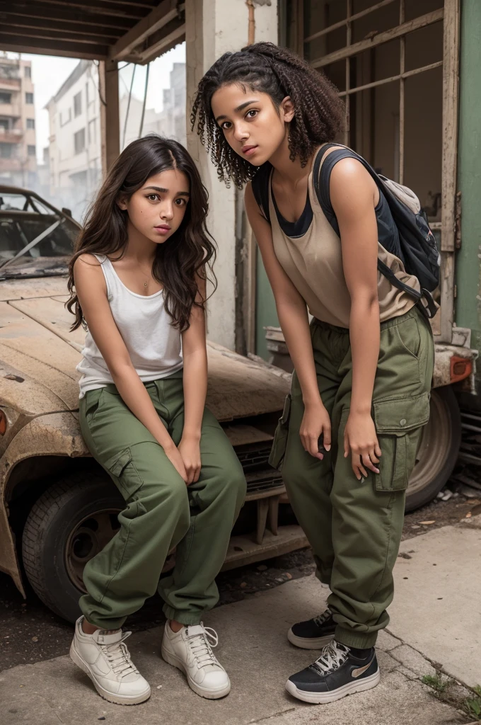 ((best quality)), ((masterpiece)), (detaile), A teenage girl with curly brown hair | brown eyes with almond shapes, She is Latina and has tanned brown skin | his clothes are typical of clothes worn by young people in dystopian universes, a dirty and slightly torn tank top; a pair of green cargo pants too suha| She is tired, with a neutral expression looking towards a huge installation on fire.