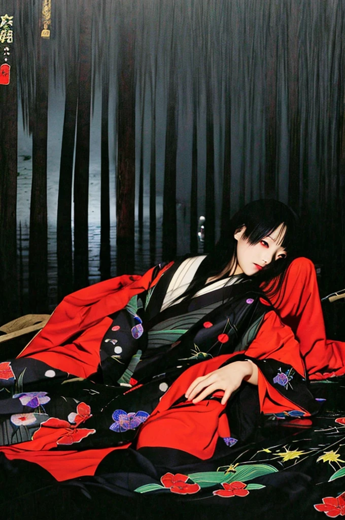 Dark night fog、Dark night fog、Dark night fog、Highest quality,Very sophisticated Japanese(((Swamp)))The monster in the red kimono、Spread your legs and show your vagina、(((((Dark night fog))))