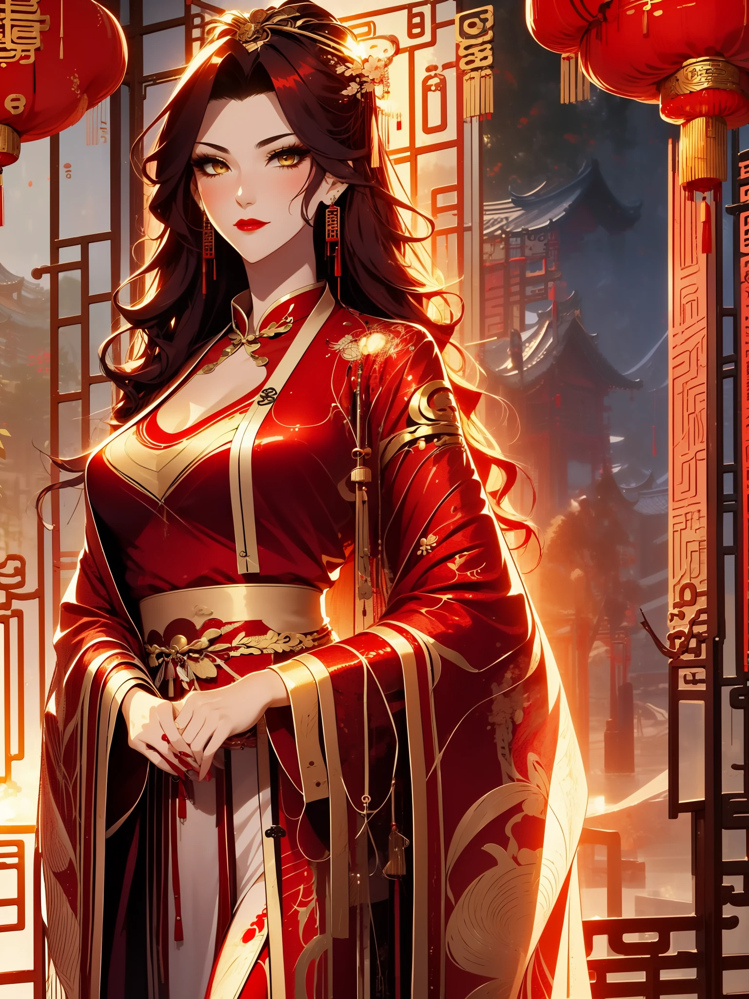 score_9, score_8_up, score_7_up, score_6_up, score_5_up, score_4_up, Xian Mei, golden eyes, red curly hair, tied hair, hair in a bun, hairpin, traditional Chinese red wedding hanfu dress, Yourqipao Red Embroidery Chinese Xiuhe Hanfu Women's Satin Cheongsam Ancient Traditional Chinese Bride , Wedding Dress, Long Dresses, long earrings, red lipstick, detailed eyes, traditional wear, sexy attractive, hot, traditional, smiling, happy, blush, red veil,