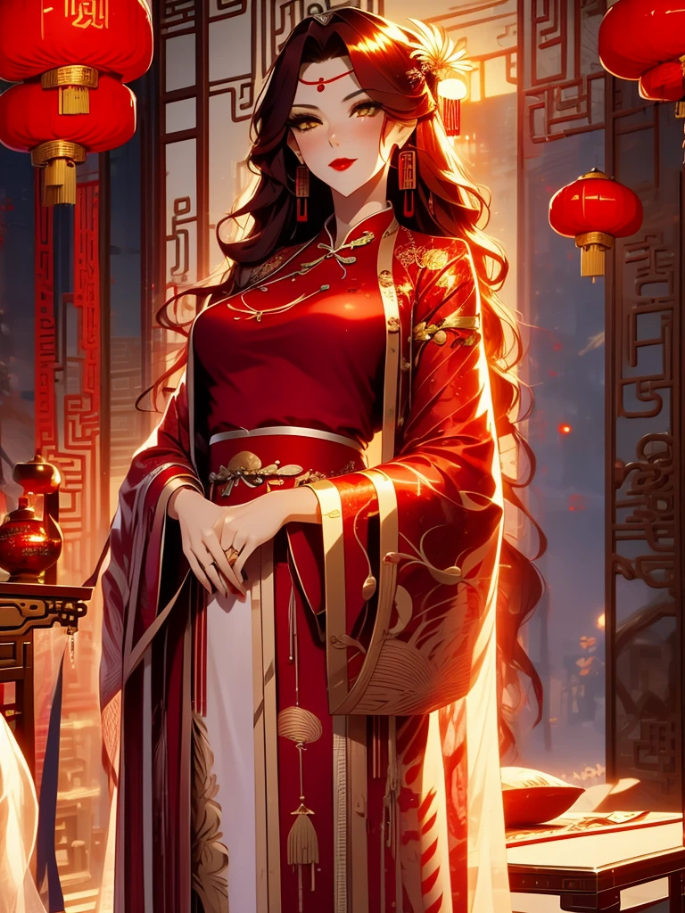 score_9, score_8_up, score_7_up, score_6_up, score_5_up, score_4_up, Xian Mei, golden eyes, red curly hair, tied hair, hair in a bun, hairpin, traditional Chinese red wedding hanfu dress, Yourqipao Red Embroidery Chinese Xiuhe Hanfu Women's Satin Cheongsam Ancient Traditional Chinese Bride , Wedding Dress, Long Dresses, long earrings, red lipstick, detailed eyes, traditional wear, sexy attractive, hot, traditional, smiling, happy, blush, red veil,