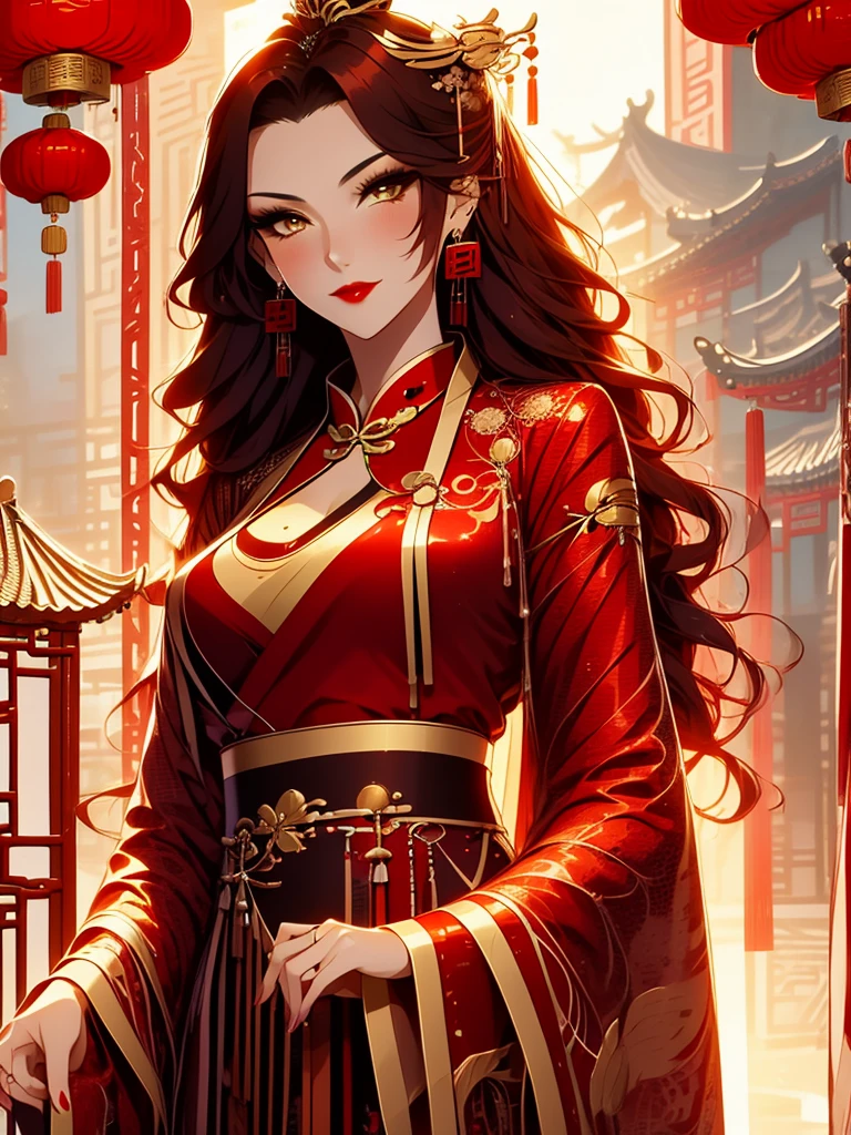 score_9, score_8_up, score_7_up, score_6_up, score_5_up, score_4_up, Xian Mei, golden eyes, red curly hair, tied hair, hair in a bun, hairpin, traditional Chinese red wedding hanfu dress, Yourqipao Red Embroidery Chinese Xiuhe Hanfu Women's Satin Cheongsam Ancient Traditional Chinese Bride , Wedding Dress, Long Dresses, long earrings, red lipstick, detailed eyes, traditional wear, sexy attractive, hot, traditional, smiling, happy, blush, red veil,