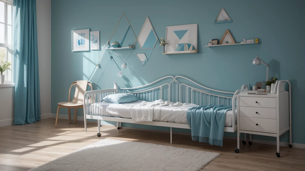 make a long hospital wall with large colorful geometric designs in shades of blue ((no reliefs)) 