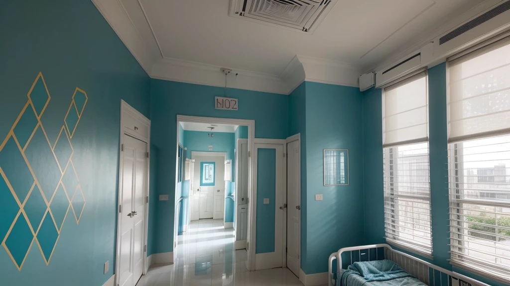 make a long hospital wall with large colorful geometric designs in shades of blue ((no reliefs)) 