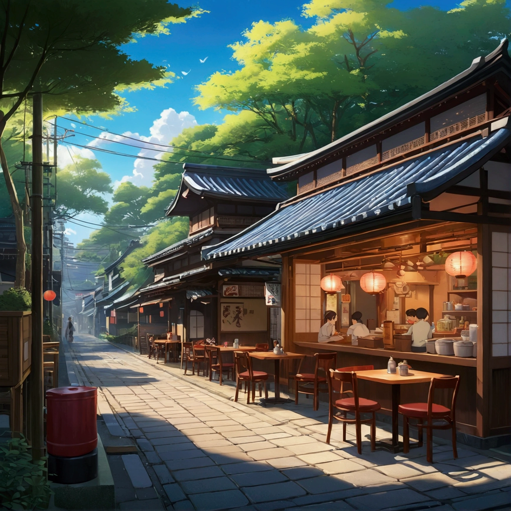 Street restaurant with tables and chairs in the woods, Cozy cafe background, pleasant Comfortable atmosphere, Japanese cartoons atmospheric, Dreamy atmosphere, Comfortable atmosphere, Soft neon atmosphere, Japanese cartoons scenery, CG Society 9, author Evgeny Lushpin, Neon atmosphere, Dreamy atmosphere, Neon atmosphere, Dreamy atmosphere, Beautiful and lovely lighting, Japanese cartoons asthetic, Japanese cartoons background, Japanese cartoons aesthetic, Japanese cartoons. author：Shinkai Makoto, hd Japanese cartoons cityscape, Japanese cartoons scenery concept art, Japanese cartoons scenery, Shinkai Makoto的风格, Shinkai Makoto的艺术风格, Japanese cartoons. author：Shinkai Makoto, author：Shinkai Makoto, author：Shinkai Makoto, Japanese cartoons scenery, Kyoto Animation, 4k HD,, Beautiful art UHD 4K, A beautiful artistic illustration, Beautiful digital painting, Highly detailed digital painting, Beautiful digital artwork, Detailed painting 4k, Highly detailed digital painting, The colors are brilliant and rich, Gorgeous numbers, saturation, No humans