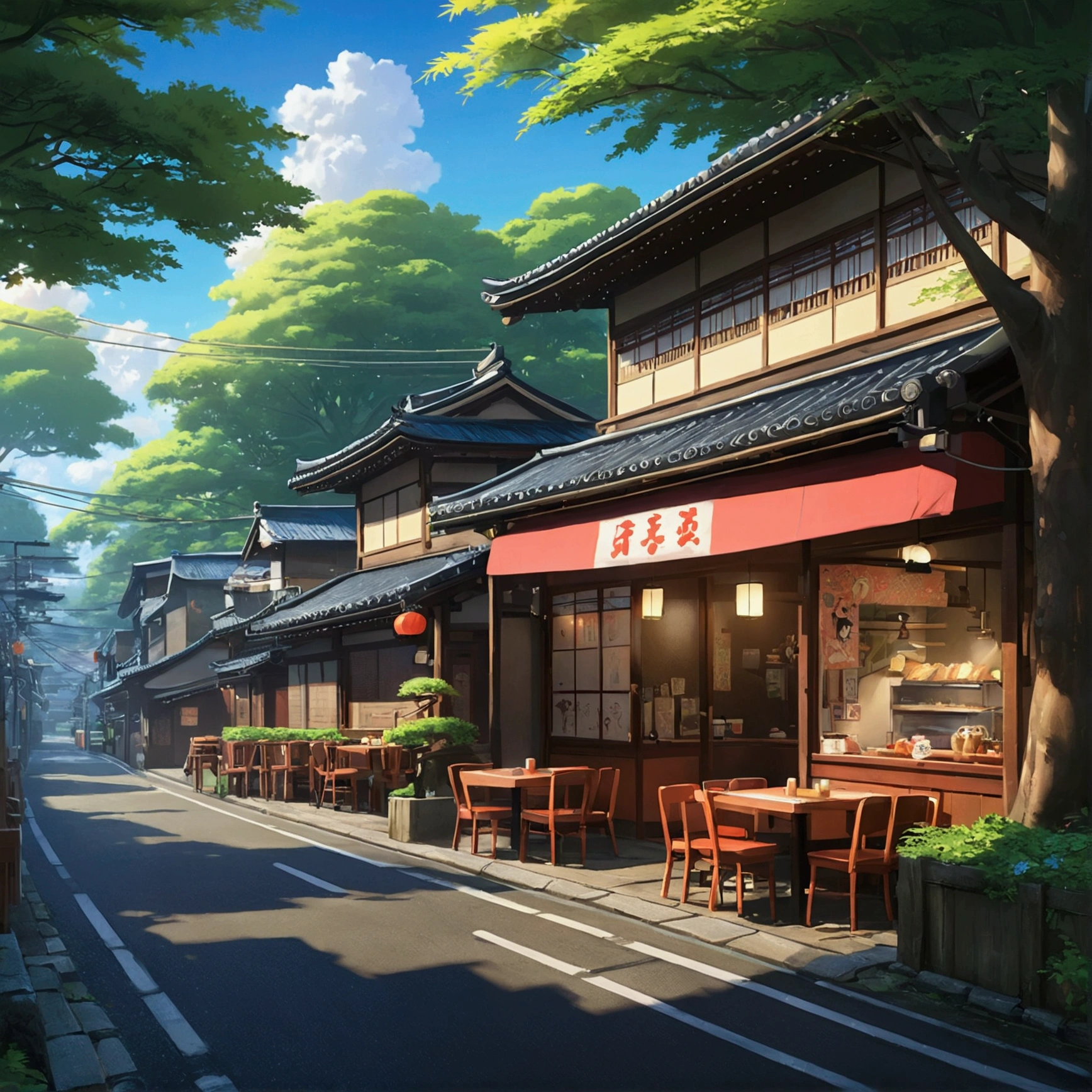 Street restaurant with tables and chairs in the woods, Cozy cafe background, pleasant Comfortable atmosphere, Japanese cartoons atmospheric, Dreamy atmosphere, Comfortable atmosphere, Soft neon atmosphere, Japanese cartoons scenery, CG Society 9, author Evgeny Lushpin, Neon atmosphere, Dreamy atmosphere, Neon atmosphere, Dreamy atmosphere, Beautiful and lovely lighting, Japanese cartoons asthetic, Japanese cartoons background, Japanese cartoons aesthetic, Japanese cartoons. author：Shinkai Makoto, hd Japanese cartoons cityscape, Japanese cartoons scenery concept art, Japanese cartoons scenery, Shinkai Makoto的风格, Shinkai Makoto的艺术风格, Japanese cartoons. author：Shinkai Makoto, author：Shinkai Makoto, author：Shinkai Makoto, Japanese cartoons scenery, Kyoto Animation, 4k HD,, Beautiful art UHD 4K, A beautiful artistic illustration, Beautiful digital painting, Highly detailed digital painting, Beautiful digital artwork, Detailed painting 4k, Highly detailed digital painting, The colors are brilliant and rich, Gorgeous numbers, saturation, No humans