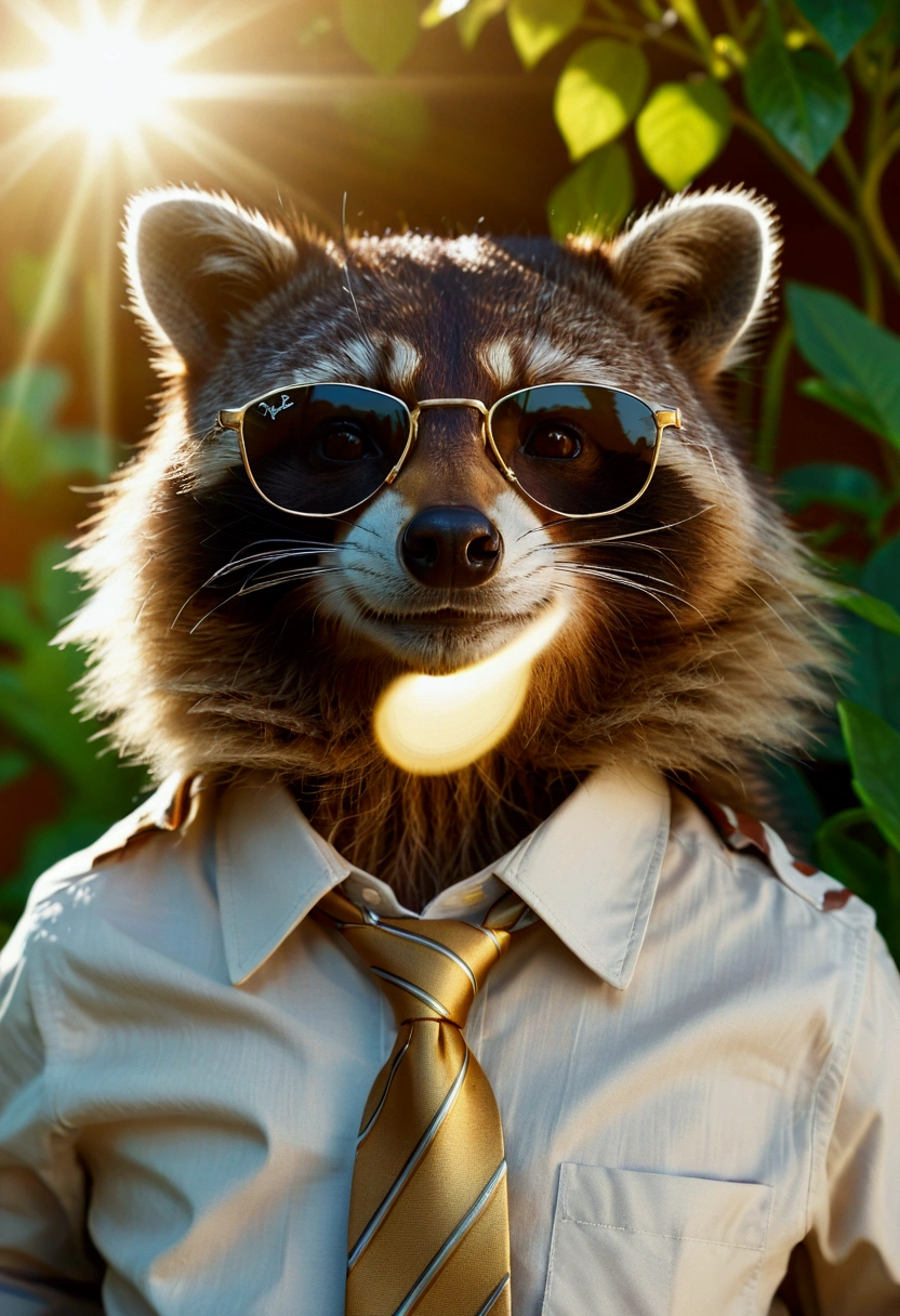 a raccoon consultant sunbathing in a garden,detailed raccoon face,raccoon wearing ray-ban sunglasses with gold frame,raccoon wearing loosened tie and open shirt buttons,realistic,photorealistic,realistic:1.37,best quality,8k,highres,masterpiece:1.2,ultra-detailed,vivid colors,studio lighting,sharp focus,physically-based rendering with realistic shadows,extreme detail, professional. light gray shirt with yellow brown striped tie