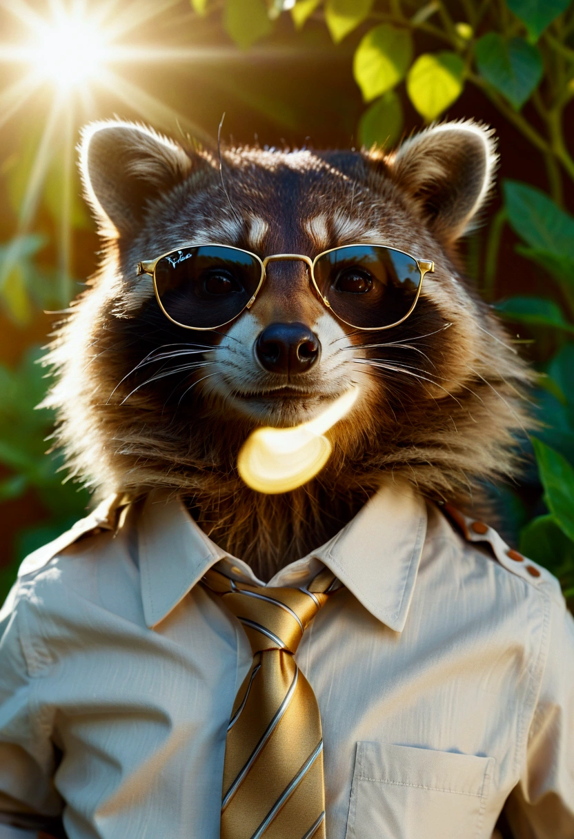 a raccoon consultant sunbathing in a garden,detailed raccoon face,raccoon wearing ray-ban sunglasses with gold frame,raccoon wearing loosened tie and open shirt buttons,realistic,photorealistic,realistic:1.37,best quality,8k,highres,masterpiece:1.2,ultra-detailed,vivid colors,studio lighting,sharp focus,physically-based rendering with realistic shadows,extreme detail, professional. light gray shirt with yellow brown striped tie