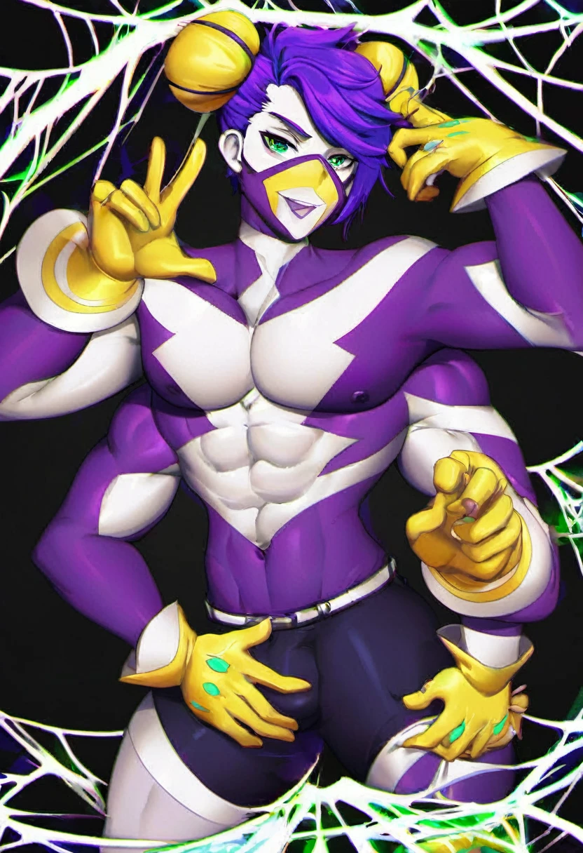 a very tall and white man, he is wearing an old French purple costume, he has six arms and wears yellow gloves on each of his six hands, he wears a purple wig with bangs and two buns and a white mask with red dots around the eyes that covers your entire face. He has a blue right eye and is blind in the left eye, he hangs from a green spider's web as if he were dancing, he is a strange and hideous yet strangely attractive monster.