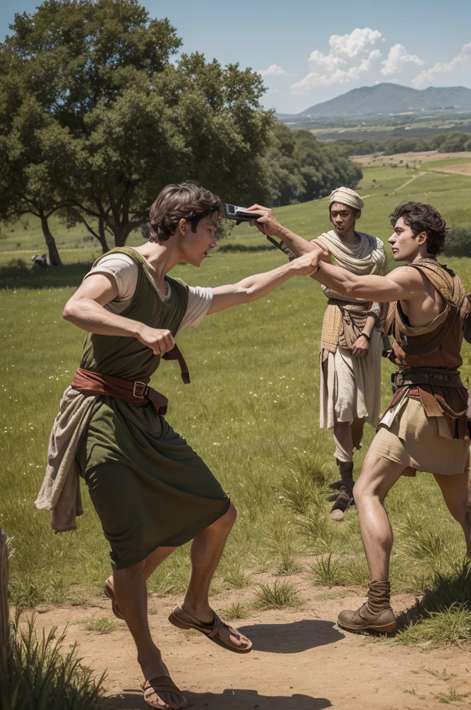 The fight between David and Goliath, in an open field of war, a person was taking a selfie, David had Goliath head in his hand, showing it to the camera. dressed in period clothes and tunic, forested