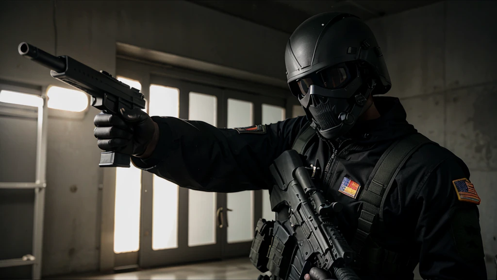 special forces soldier, black suit with skull, army helmet, armed with rifle, masked, pointing gun at screen, ultra realistic