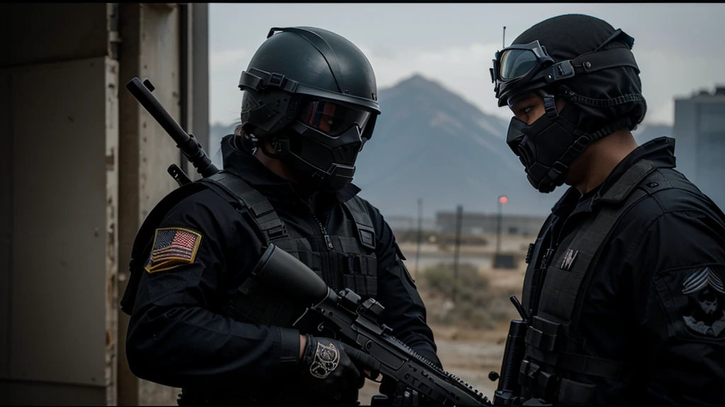 
special forces soldier, black suit with skull, army helmet, armed with rifle, masked, pointing gun at screen, ultra realistic