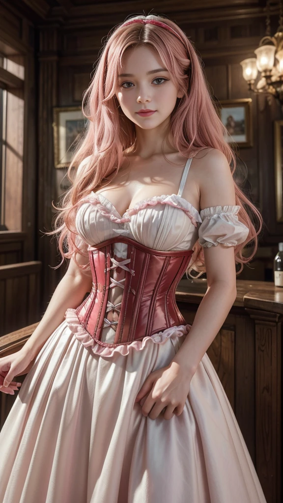 Masterpiece, best quality female, (French),(small breast), (very long curly pink volumetric hair:1.33), (white crinoline inside with red corset outside:1.33), (long red skirt:1.33), flat headband, (detailed beautiful hazel eyes:1.33), detailed blush smiling face, slim body, perfect anatomy, very cute, dynamic pose, showing some leg, perfect shading, dramatic lighting, rendered in 8K resolution for high-quality detail, trending on art station, concept art, smooth, sharp focus, in a saloon, highly detailed, soft natural volumetric, cinematic perfect light, intricate details