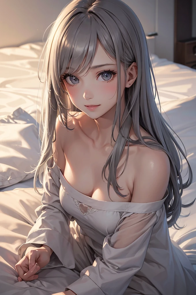 Best Quality,High resolution,8k,finelity detailed background,Masterpiece:1.2),beautiful girl,Glossy romance gray hair,asymmetrical hair,Gray eyes,Gentle look,A refreshing look,smile,Best quality,Best Quality,Aesthetic and aesthetic:1.2,Best details((Super detailed))(High-definition CG illustrations),Upper Body,Dark grey underwear,Slender body,night,moon,Bedroom,On the bed,smile,blush,cute,Scrounge,Looking up,Being spoiled,super model,wariza,shoot from,above