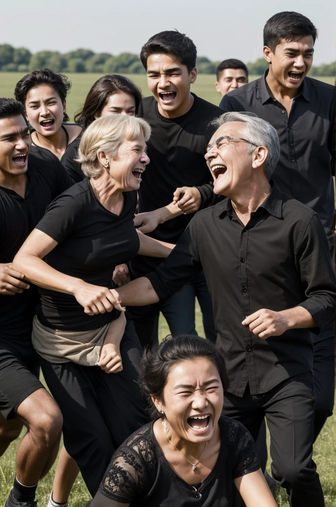 ((best quality)), ((masterpiece)), (detailed), perfect face A 20-year-old boy dressed in black is being beaten by a group of people in an open field, an elderly woman is laughing at him.