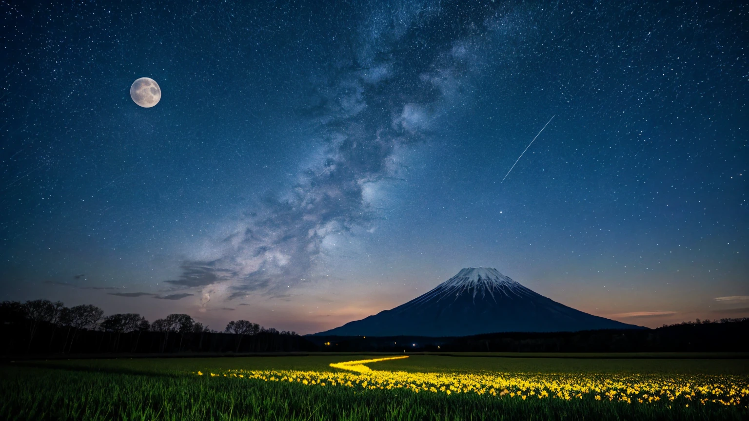 川と山のある風景を描いた星Moonlit Night画, Starry Skyの夜, Night view, Moonlit Night, Twinkling distant stars, Natural scenery at night, moonlight, Moonlit Nightscape, Stars shining in the distance, Starry Sky, Mystical Night、full moon,Flower Field