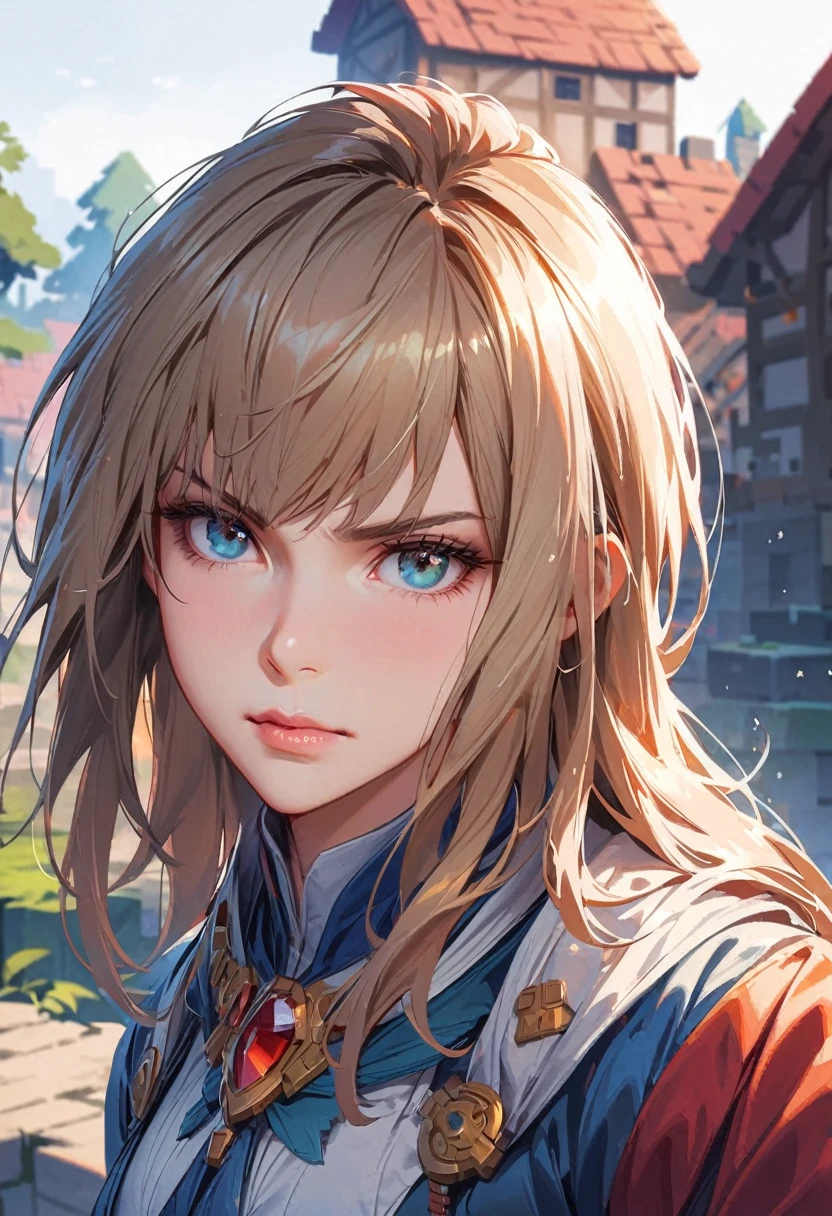 a photorealistic highly detailed woman, 1girl, beautiful detailed face, beautiful detailed eyes, beautiful detailed lips, long eyelashes, short square hair, determined expression, robust outfit, confident posture, negotiating with adventurers, minecraft village, blocky game style, natural lighting, close-up shot