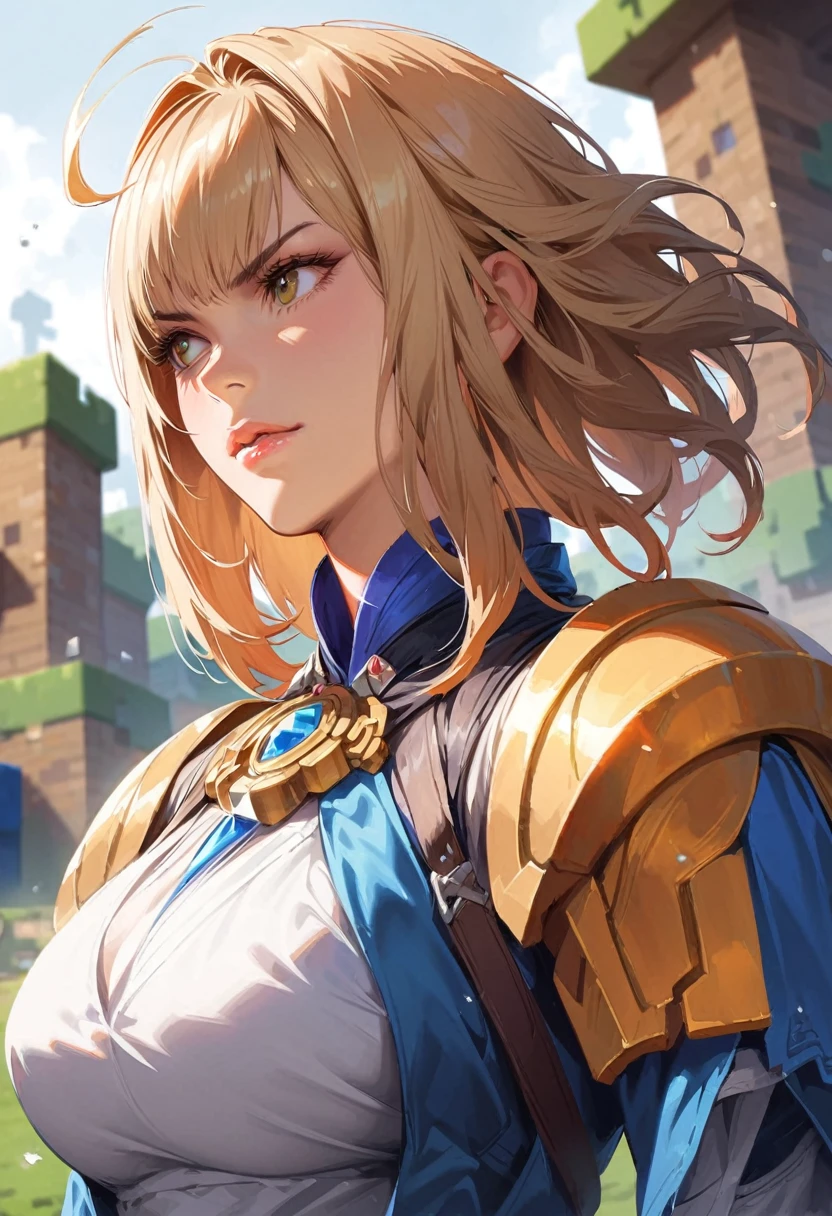 a photorealistic highly detailed woman, 1girl, beautiful detailed face, beautiful detailed eyes, beautiful detailed lips, long eyelashes, short square hair, determined expression, robust outfit, confident posture, negotiating with adventurers, minecraft village, blocky game style, natural lighting, close-up shot