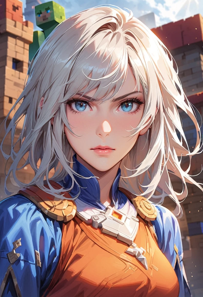 a photorealistic highly detailed woman, 1girl, beautiful detailed face, beautiful detailed eyes, beautiful detailed lips, long eyelashes, short square hair, determined expression, robust outfit, confident posture, negotiating with adventurers, minecraft village, blocky game style, natural lighting, close-up shot