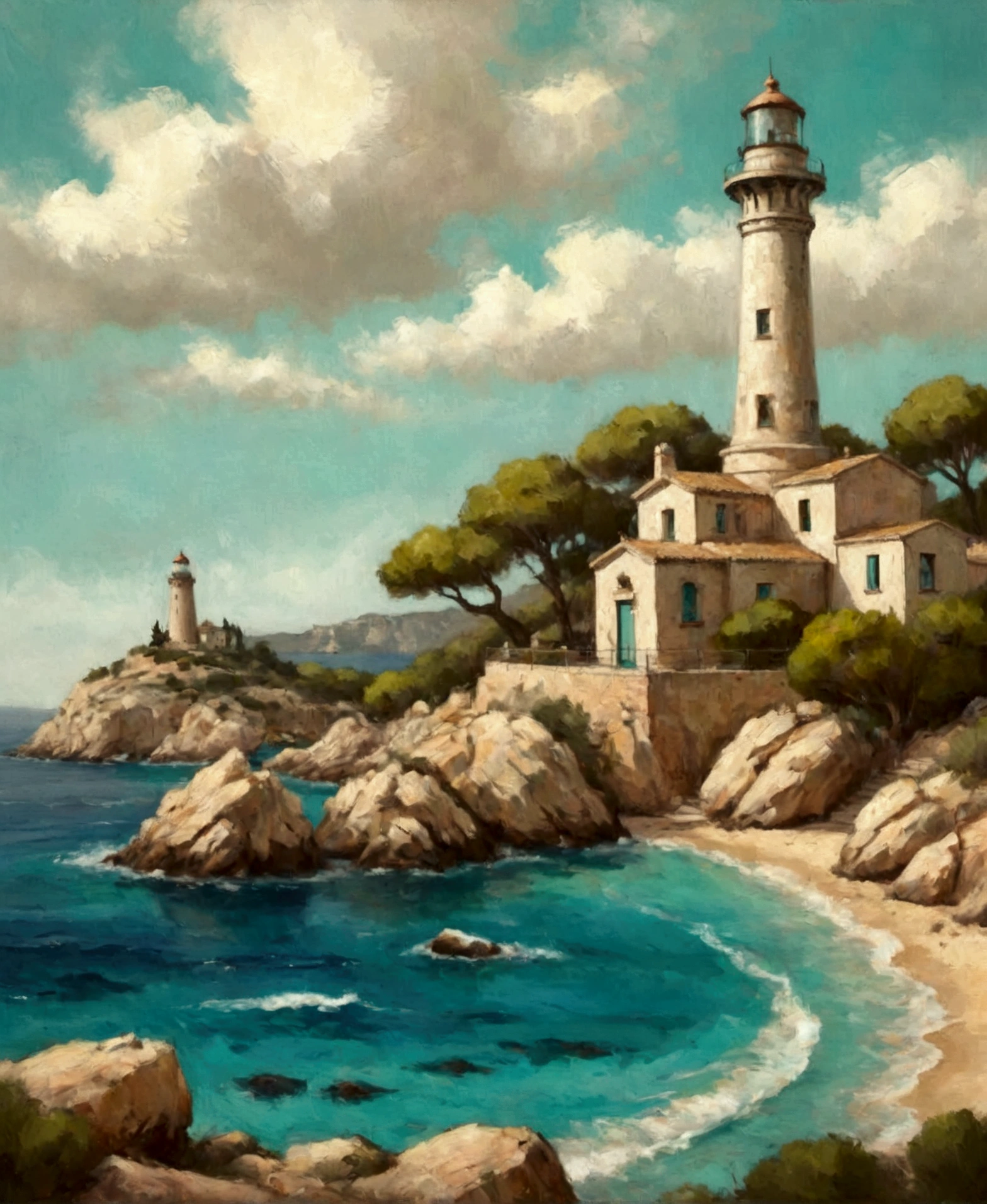 a thick textured oil painting, impasto brushstrokes, dry brushing,revealing underlayers, breathtaking composition, Create an art deco inspired illustration of A scenic lighthouse perched on a rocky coastline, overlooking the turquoise waters of Cala Ratjada. Include vibrant pastel colors, sleek lines, and a retro summer atmosphere. The style should be reminiscent of vintage travel posters with a modern twist,  breathtaking composition, wall art decor