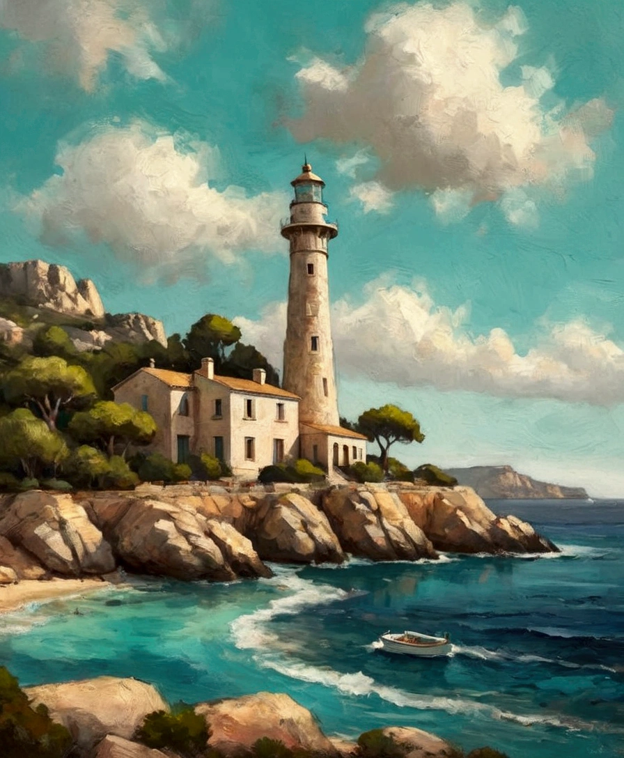 a thick textured oil painting, impasto brushstrokes, dry brushing,revealing underlayers, breathtaking composition, Create an art deco inspired illustration of A scenic lighthouse perched on a rocky coastline, overlooking the turquoise waters of Cala Ratjada. Include vibrant pastel colors, sleek lines, and a retro summer atmosphere. The style should be reminiscent of vintage travel posters with a modern twist, breathtaking composition, wall art decor