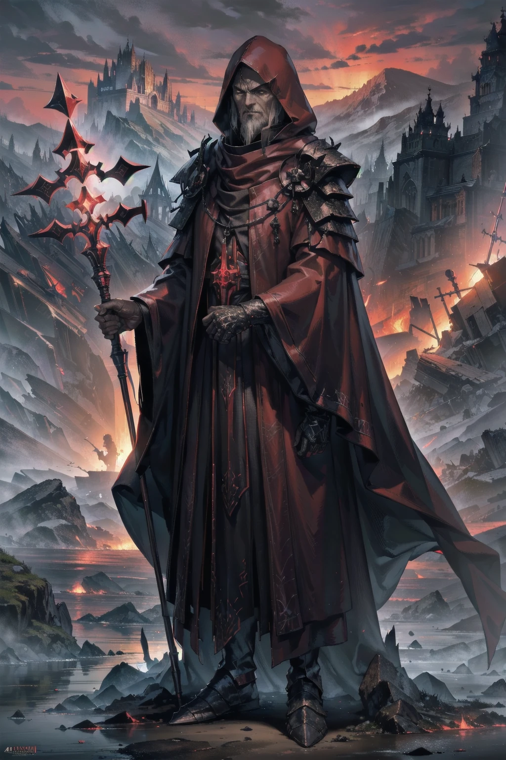 Masterpiece, Superior image quality, high resolution, 4k image, Dark Priest, An older adult man, tall, Delgado, hooded, face hidden by the hood, crimson tunic, Wields a long staff with encrusted campaigns, standing on the shore of a lake, gloomy lake, at night, crimson sky, 