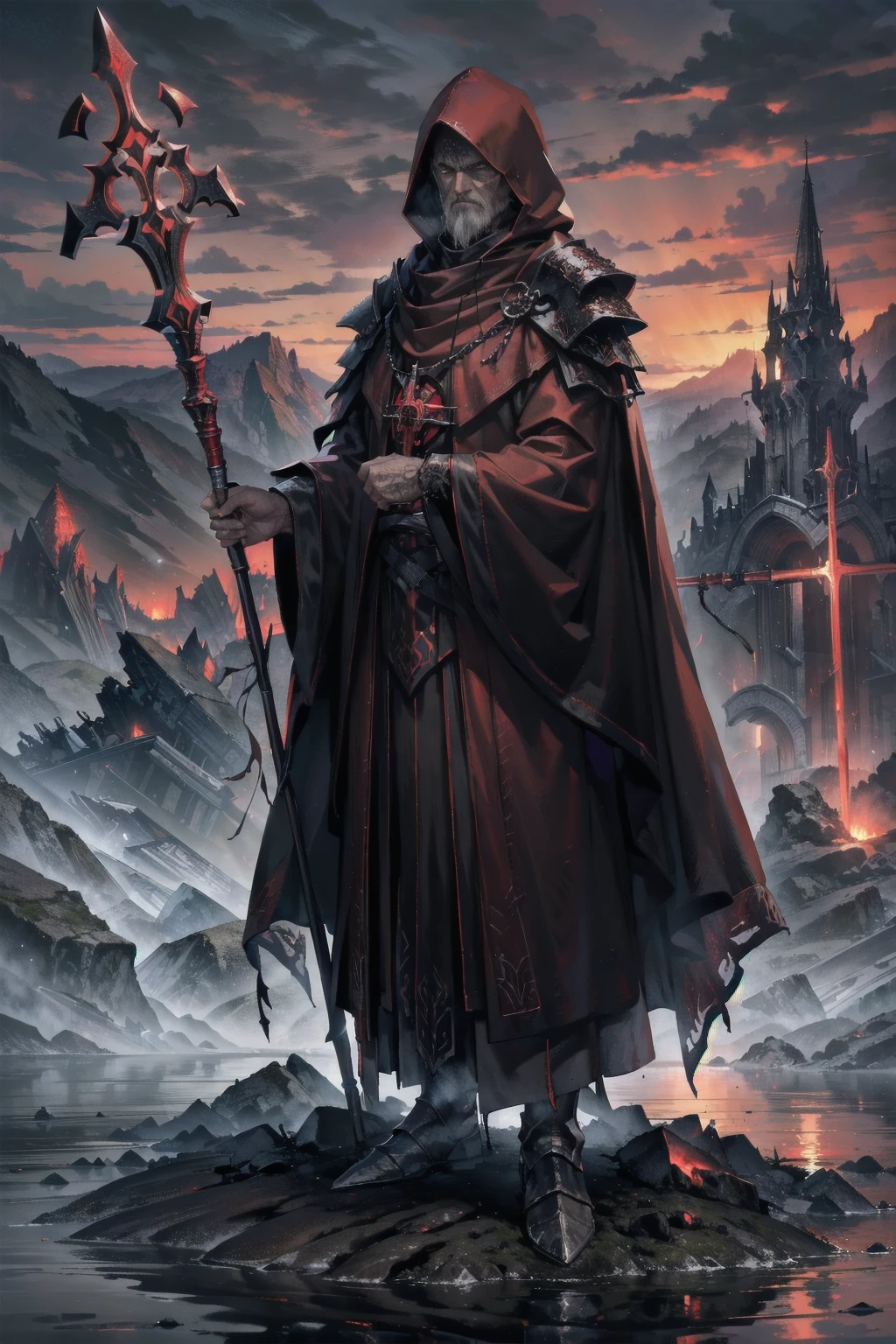 Masterpiece, Superior image quality, high resolution, 4k image, Dark Priest, An older adult man, tall, Delgado, hooded, face hidden by the hood, crimson tunic, Wields a long staff with encrusted campaigns, standing on the shore of a lake, gloomy lake, at night, crimson sky, 