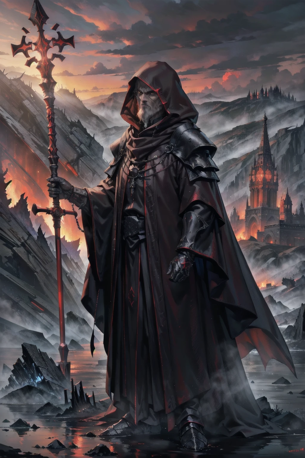 Masterpiece, Superior image quality, high resolution, 4k image, Dark Priest, An older adult man, tall, Delgado, hooded, face hidden by the hood, crimson tunic, Wields a long staff with encrusted campaigns, standing on the shore of a lake, gloomy lake, at night, crimson sky, 