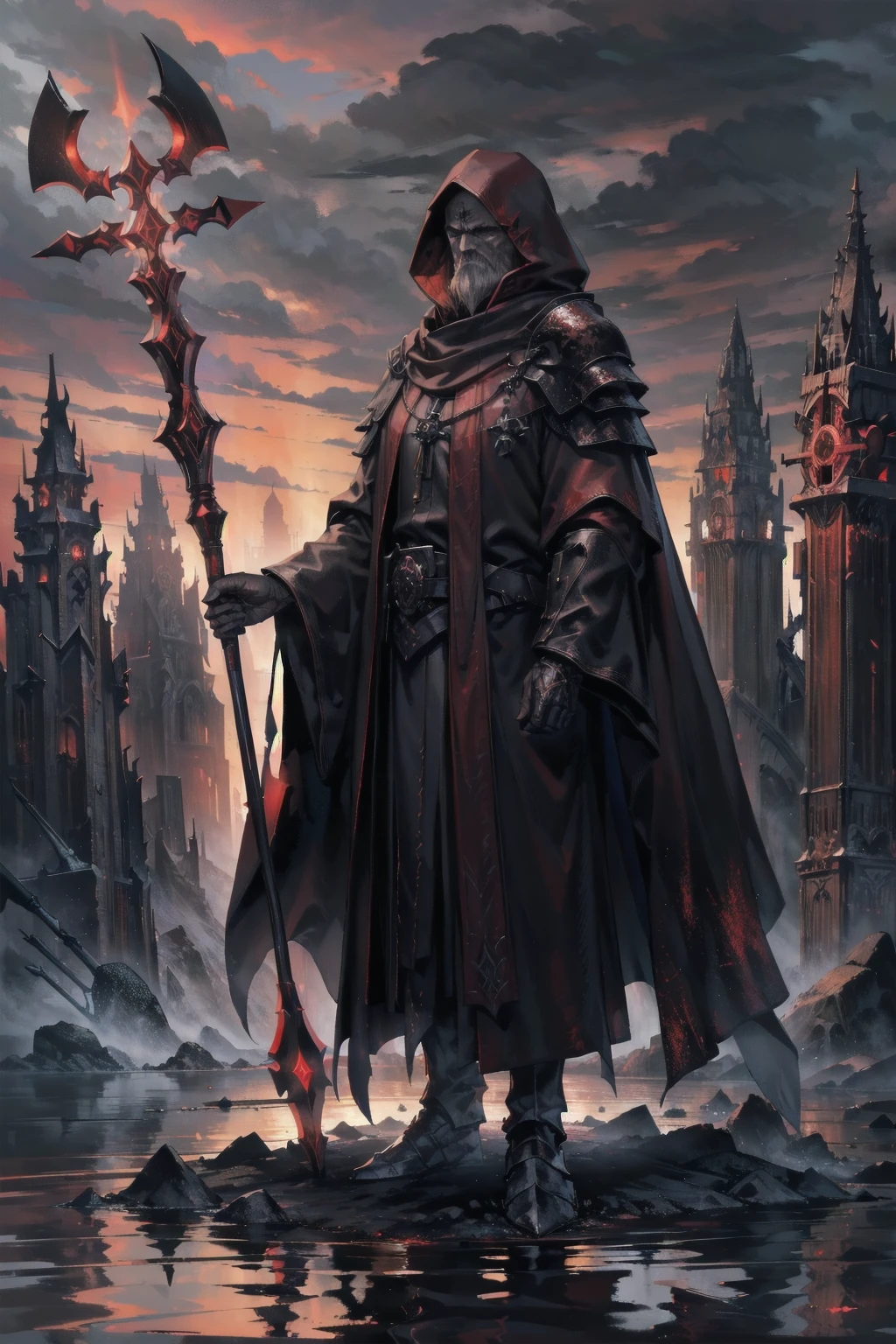 Masterpiece, Superior image quality, high resolution, 4k image, Dark Priest, An older adult man, tall, Delgado, hooded, face hidden by the hood, crimson tunic, Wields a long staff with encrusted campaigns, standing on the shore of a lake, gloomy lake, at night, crimson sky, 