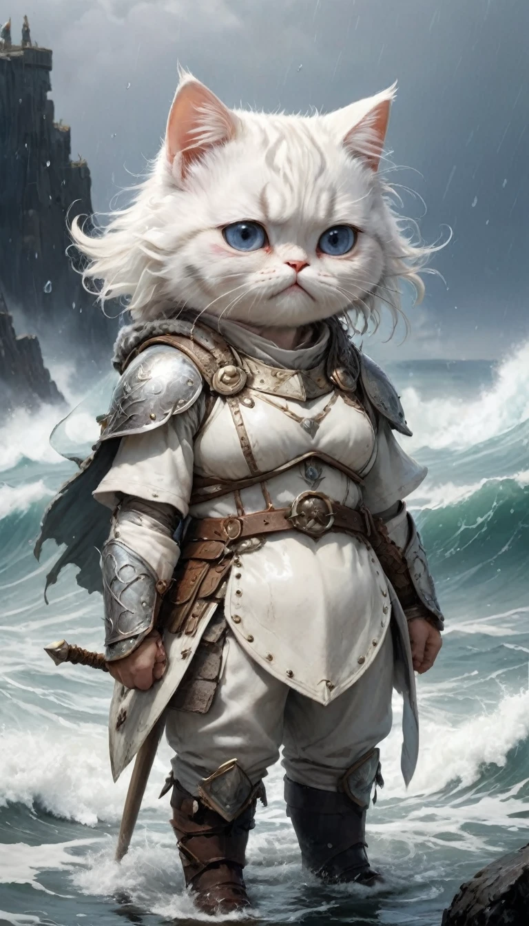 Crying face、tears、small, かわいいto be bornき物, Viking wearing white armor、 whole body,small , Are standing, Costume, Stormy Sea、 Fantasy art, Exquisite detail, Jean-Baptiste Monge Style, office、Alan Lee Style, Anthropomorphic, Fat, White cat with big eyes, Movie Scenes, Dramatic shot angles, , Realistic, to be born々Stunning cinematic photorealism, Action Portrait, 8k, detailed, Full Frame