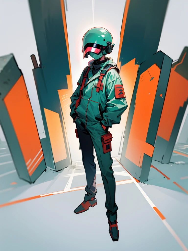 Male, teenager, wearing full-face DJ helmet with tinted visor, no visible face, standing at attention, hands in pockets, fully in frame, full body shot, lone figure, sole person, Zombie Land Saga style