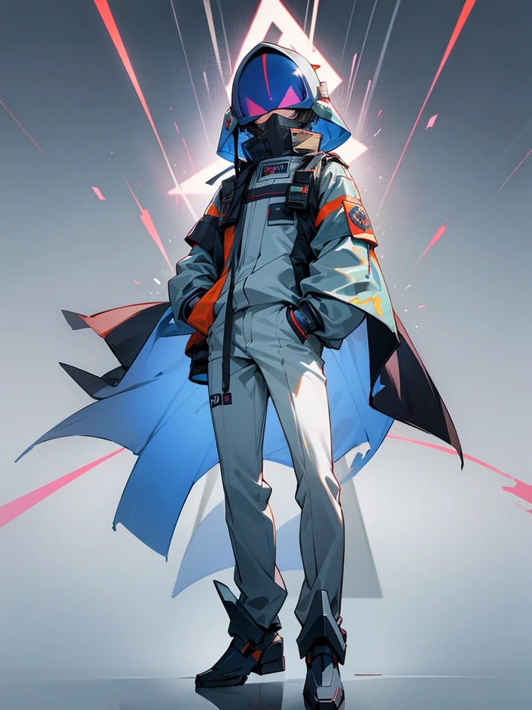 Male, teenager, wearing full-face DJ helmet with tinted visor, no visible face, standing at attention, hands in pockets, fully in frame, full body shot, lone figure, sole person, Zombie Land Saga style