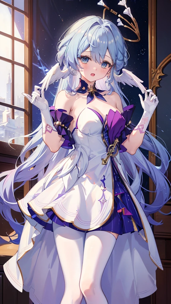 (masterpiece, top quality, best quality, official art, beautiful and aesthetic:1.2),(8k, best quality, masterpiece:1.2), (((masterpiece))),(((best quality))),(((extremely detailed))),illustration,who, (masterpiece, top quality, best quality, official art, beautiful and aesthetic:1.2),(8k, best quality, masterpiece:1.2), looking at viewer, aroused, blush, open mouth, lying, bed sheet, hands up, 1girl,robin_\(honkai:_star_rail\),head_wings,bare_shoulders,white_gloves,detached_sleeves,strapless_dress,white_dress,short_sleeves,white_pantyhose, standing cutely with both her hand of middle of skirt while wind trying to blow her skirt