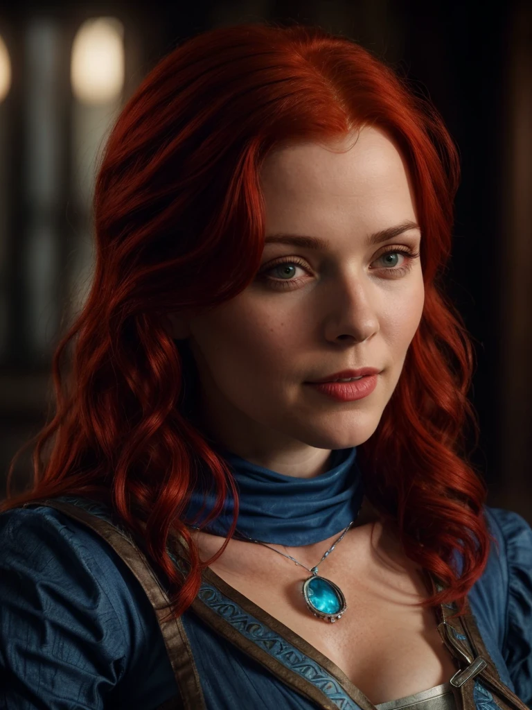 a close up of a woman with red hair and a blue dress, triss merigold, triss merigold cosplay, witcher)), female redhead templar, 8k portrait render, ciri, from witcher (2021), female character, cinematic realistic portrait, character close up, mother of witchers, the witcher 3, stunning character art