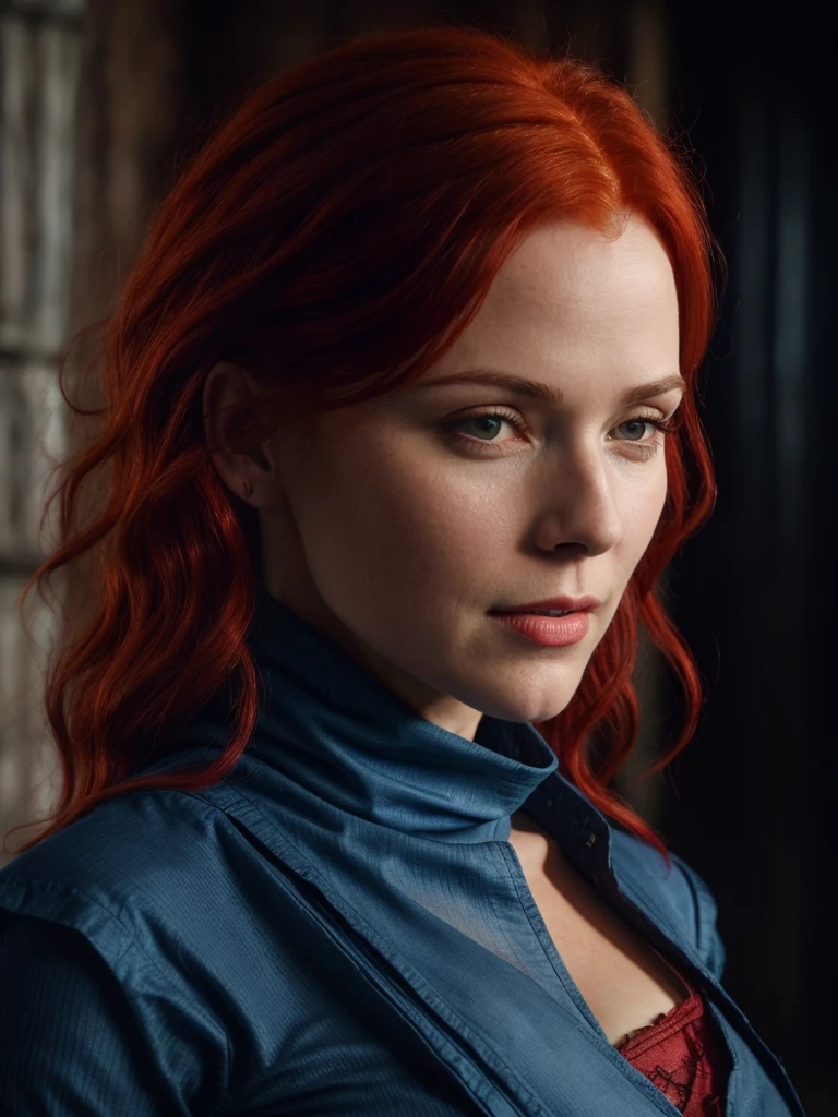 a close up of a woman with red hair and a blue dress, triss merigold, triss merigold cosplay, witcher)), female redhead templar, 8k portrait render, ciri, from witcher (2021), female character, cinematic realistic portrait, character close up, mother of witchers, the witcher 3, stunning character art