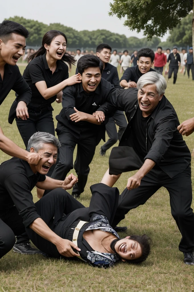 ((best quality)), ((masterpiece)), (detailed), perfect face A 20-year-old boy dressed in black is being beaten by a group of people in an open field, an elderly woman is laughing at him.