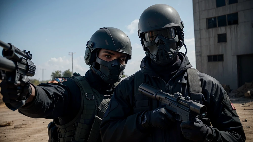 
special forces, black suit with skull, army helmet, armed with rifle, masked, pointing gun at screen, ultra realistic