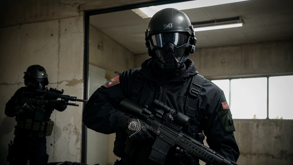 special forces, black suit with skull, army helmet, armed with rifle, masked, pointing gun at screen, ultra realistic