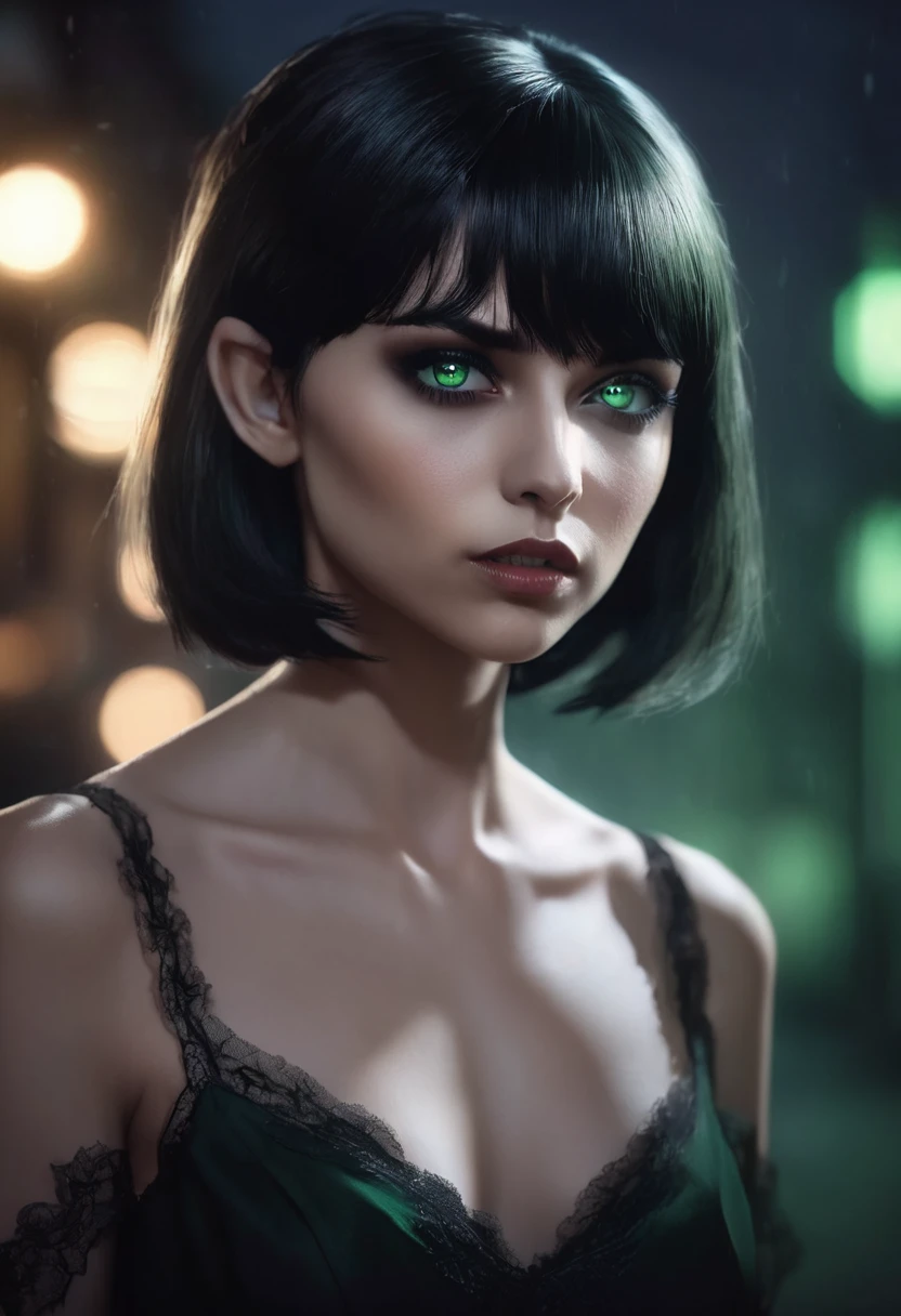 1 girl, vampire, wearing a black dress, male green eyes, detailed light tanned skin, straight black hair with short lob bangs, white skin, dramatic lighting, cinematic composition, cold palette, night environment, dark colors, atmospheric fog, thin chin, 20s (best quality, 4K, 8K, high resolution, art: 1.2), ultra-detailed, (realistic, photorealistic, photorealistic: 1.37)