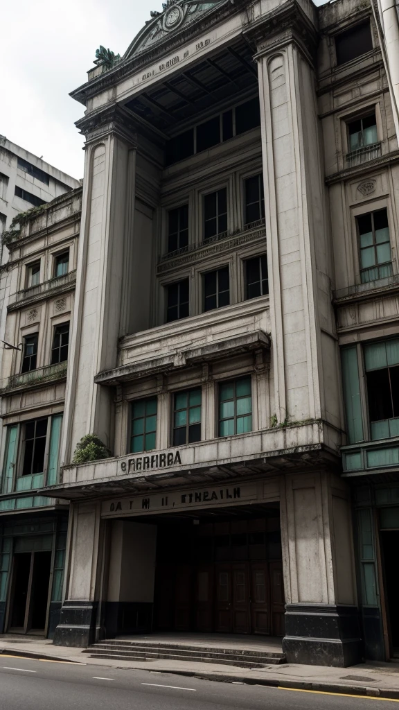 (真实感) An old abandoned theater in the center of Curitiba, with an imposing facade and architectural details from the 1920s, shrouded in a dark and mysterious aura.