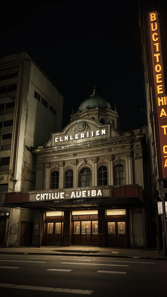 (真实感) An old abandoned theater in the center of Curitiba, with an imposing facade and architectural details from the 1920s, shrouded in a dark and mysterious aura.