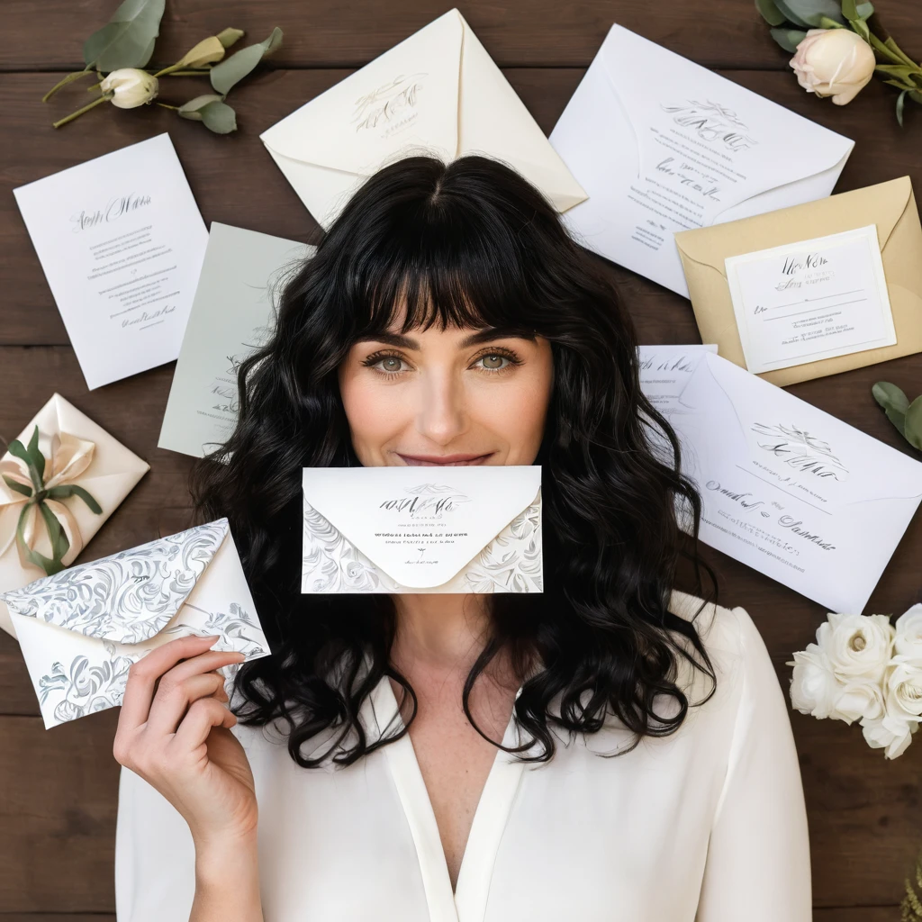 A white woman with long, black, wavy hair and short bangs. She creates custom invitations and stationery for weddings. She offers this service to couples who want a personalized wedding. She is holding and showing different models of invitations, envelopes and wedding related things.