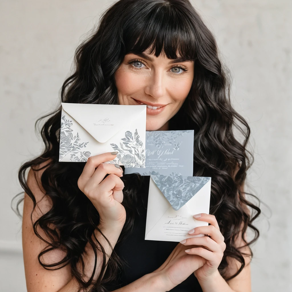 A white woman with long, black, wavy hair and short bangs. She creates custom invitations and stationery for weddings. She offers this service to couples who want a personalized wedding. She is holding and showing different models of invitations, envelopes and wedding related things.