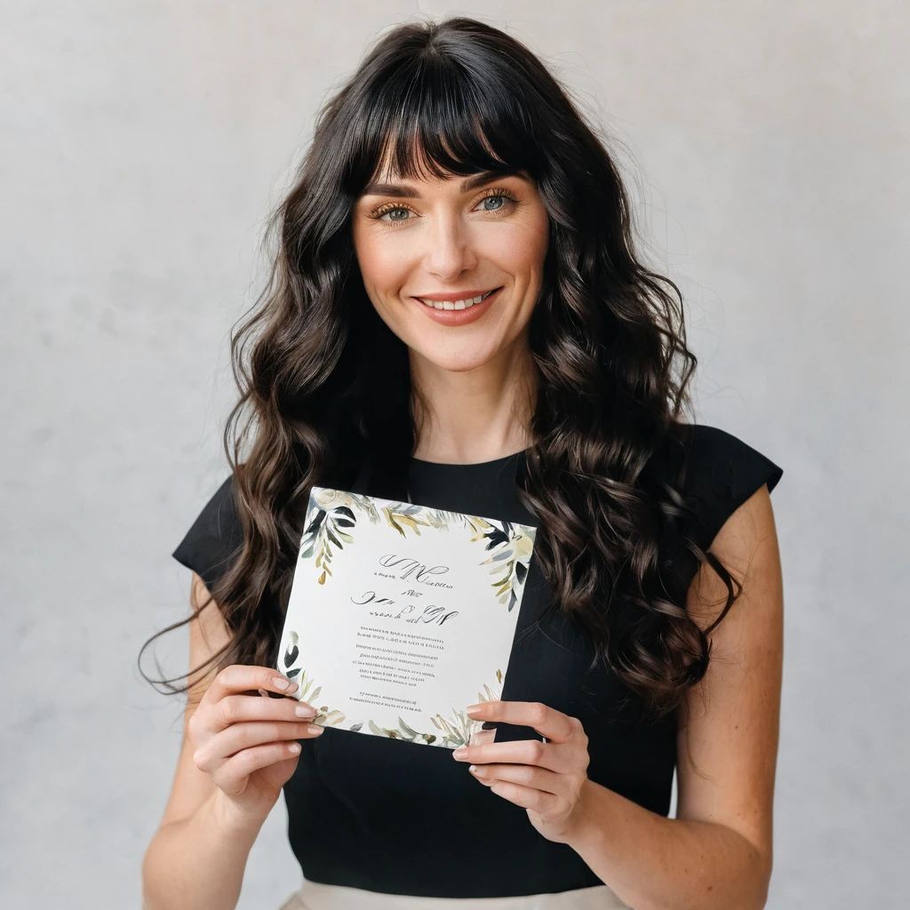 A white woman with long, black, wavy hair and short bangs. She creates custom invitations and stationery for weddings. She offers this service to couples who want a personalized wedding. She is holding and showing different models of invitations, envelopes and wedding related things.