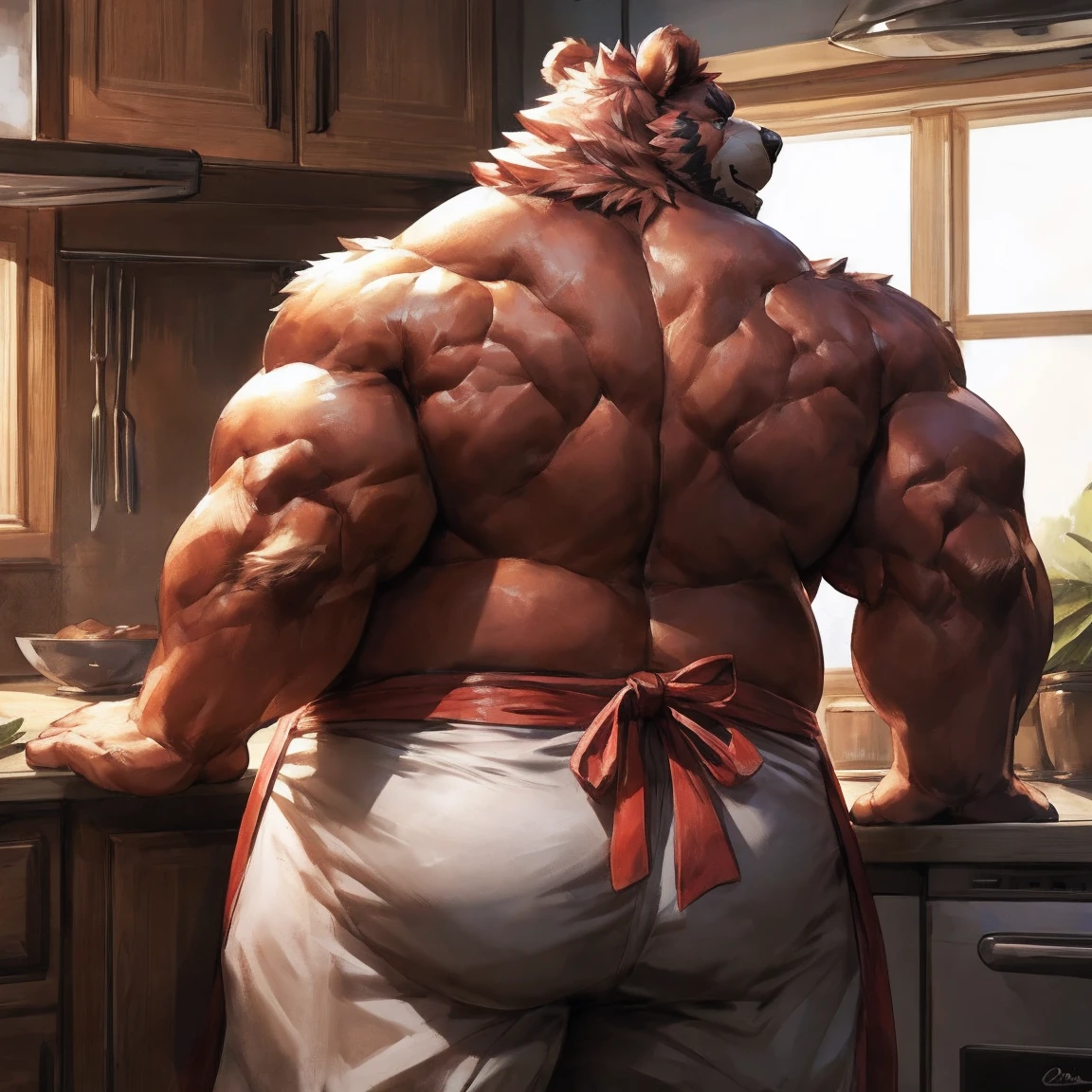 [lindong, lucusold], a man with a huge bear making a cholate, kitchen , ((muscular, belly)), apron, back view, thicc, danbooru and artstation, heavy detailed, insanely inflated hips, proportionally arms, commission for high res, detailed but rough, semirealistic:1.3