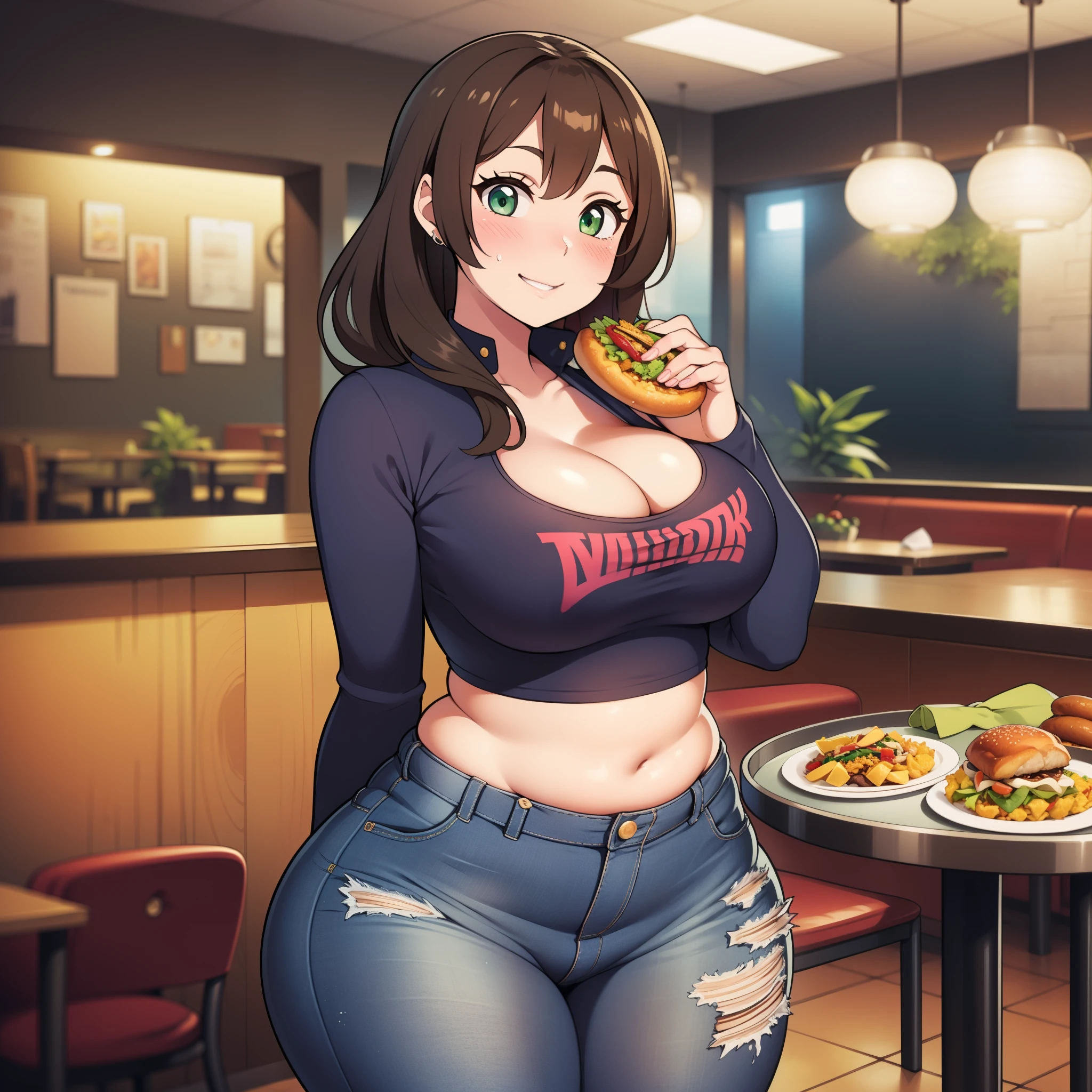((highres)), Masterpiece, high quality, best quality, beautiful, perfect lighting, detailed face, ultra cute face, looking at viewer, on a date, ((blush)), affectionate smile, ((1girl)), ((solo)), brown hair, fluffy hair, green eyes, jeans, crop top, tight clothes, fast food restaurant, medium breasts, cleavage, wide hips, ((thick thighs)), ((chubby)), chubby belly, standing, table full of food,